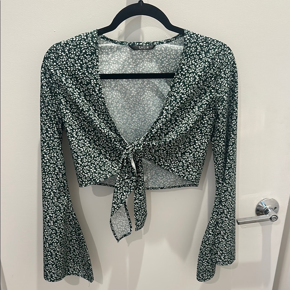 SHEIN Black and Gray Long Sleeve Tie Front Crop Blouse